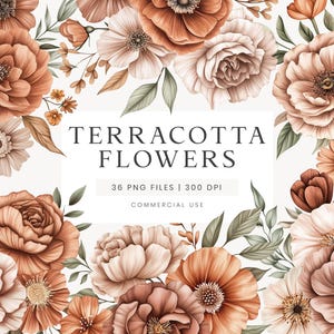Clipart floral en terre cuite, fleurs aquarelles d'automne, clipart mariage automne, fleurs de mariage en terre cuite, mariage botanique verdure Clipart