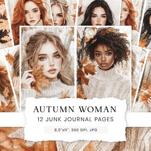 Pagine di diario autunnale Junk, carta digitale Beautiful Woman, pagine di diario acquerello, album, artigianato di carta effimera, pagine stampabili autunnali