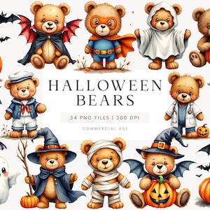 Halloween teddybeer clipart, griezelige beer clipart, clipart voor uitnodiging, aquarel teddybeer afbeelding, herfst teddybeer illustratie