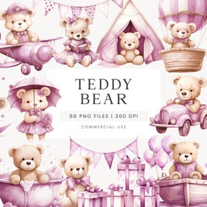 Pink Teddy Bear Clipart, Baby Shower Clipart, Pink Clipart For Invitation, Watercolor Teddy Bear Graphic, Bear Illustration For Nursery