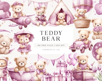 Clipart de oso de peluche rosa, clipart de baby shower, clipart rosa para invitación, gráfico de oso de peluche de acuarela, ilustración de oso para guardería