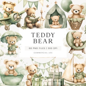 Teddy Bear Clipart, Baby Shower Clipart, Green Clipart For Invitation, Watercolor Teddy Bear Graphic, Teddy Bear Illustration For Nursery
