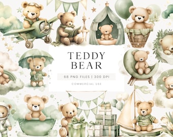 Teddy Bear Clipart, Baby Shower Clipart, Green Clipart For Invitation, Watercolor Teddy Bear Graphic, Teddy Bear Illustration For Nursery