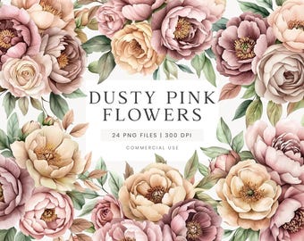Dusty Pink Flowers Clipart, Yellow Watercolor Flowers, Pink Wedding Clipart, Floral Clipart, Pink Wedding Flowers, Dusty Pink Peonies