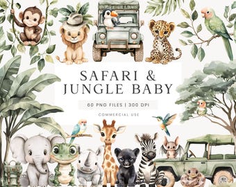 Safari Animals Clipart, Jungle Animals Clipart, Cute Baby Animal PNG, Wild Birthday, Nursery Art, Birthday Clipart, Baby Shower Clipart