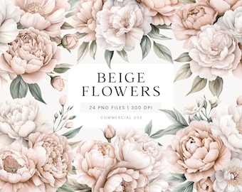 Beige Peonies Clipart, Neutral Watercolor Flowers, Blush Wedding Clipart, Floral Clipart, Neutral Wedding Flowers, Neutral Beige Flowers