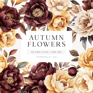 Autumn Flowers Clipart, Watercolor Flowers, Autumn Wedding Clipart, Floral Clipart, Burgundy Wedding Flowers, Yellow Autumn Bouquets