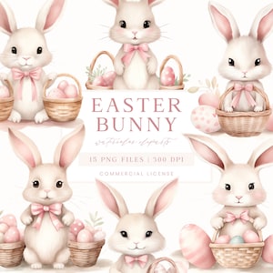 Cliparts lapin de Pâques, oeufs de Pâques Clipart, cliparts Pâques aquarelle, clipart printemps, panier de Pâques pastel, graphiques de printemps rose beige
