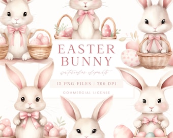Easter Bunny Cliparts, Easter Eggs Clipart, Watercolor Easter Cliparts, Spring Clipart, Pastel Easter Basket, Beige Pink Spring Graphics