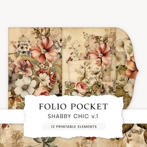 Folio shabby chic imprimable, insert de journal floral, éphémères vintage, album de coupures, pochette pour journal folio, fleurs vintage, couleurs neutres