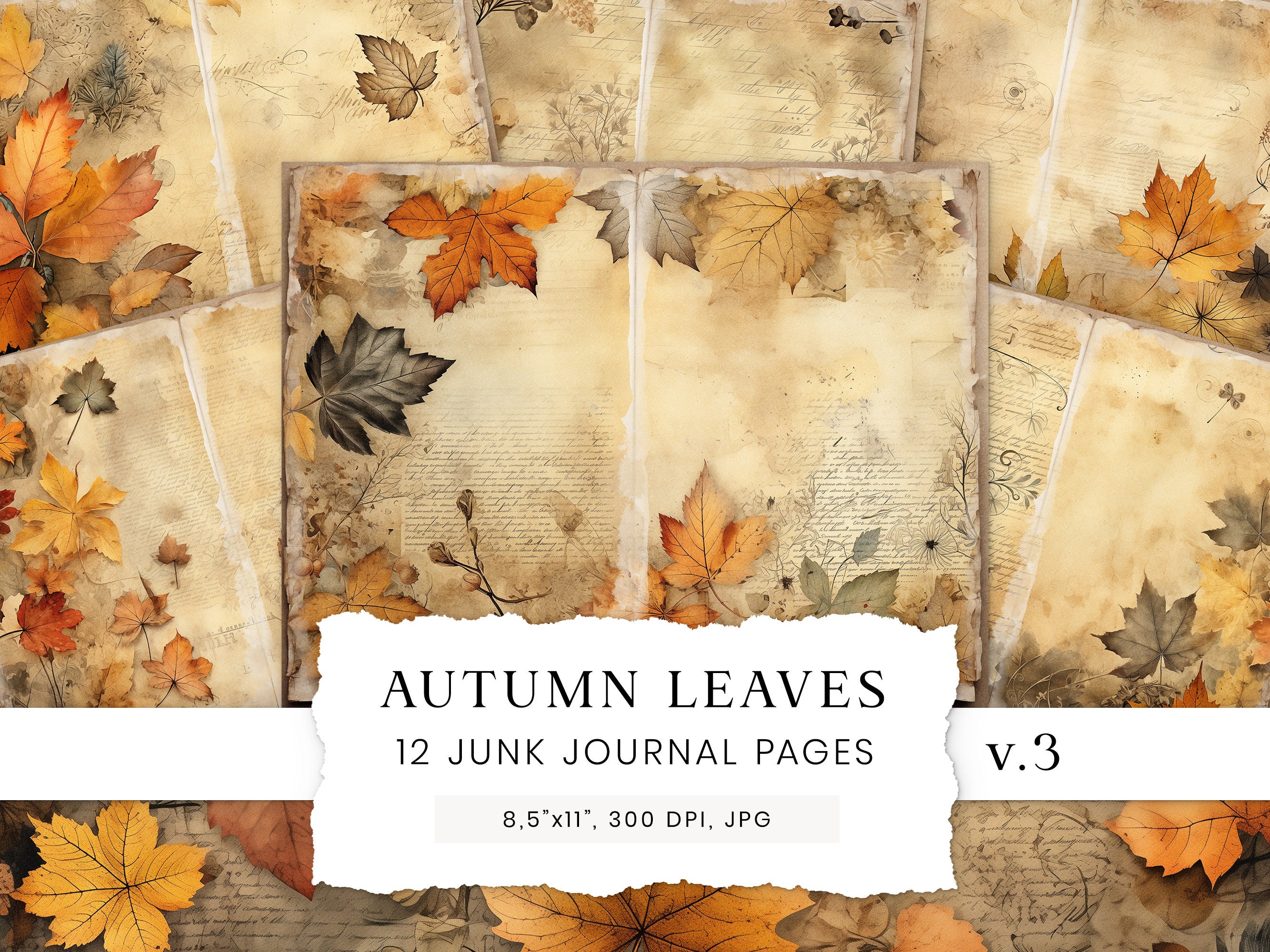 Autumn Leaves Junk Journal Pages, Fall Floral Digital Paper, Watercolor ...