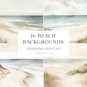 Op de afbeelding: Een set van 16 aquarel strandachtergronden, elk met een zandstrand met golven, zeegras en een bewolkte lucht. De achtergronden zijn 3000x4500 pixels, 300 DPI en zijn voor commercieel gebruik.