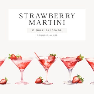 Clipart Martini aux fraises, clipart cocktail d'été, aquarelle Martini PNG, boisson signature de mariage, cocktail aux fraises, clipart alcool