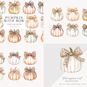 May include: Watercolor illustrations of pumpkins with bows in various colors, including white, orange, and pink. The bows feature a leopard print design. The text "PUMPKIN WITH BOW" is visible, along with details about the PNG files.