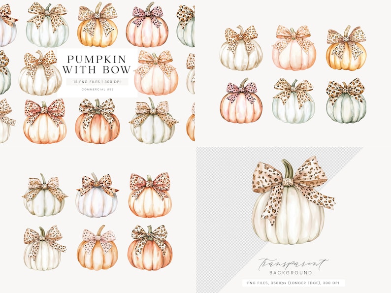 May include: Watercolor illustrations of pumpkins with bows in various colors, including white, orange, and pink. The bows feature a leopard print design. The text "PUMPKIN WITH BOW" is visible, along with details about the PNG files.