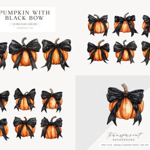 May include: Watercolor illustrations of orange pumpkins with black bows. The pumpkins have a stem and are decorated with a black bow with white polka dots. The text "PUMPKIN WITH BLACK BOW" is at the top of the image. The image is for commercial use.