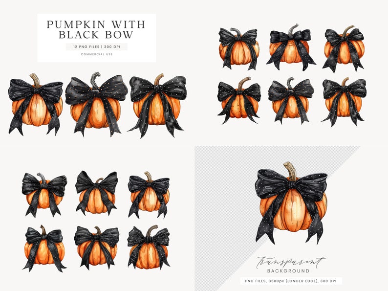 May include: Watercolor illustrations of orange pumpkins with black bows. The pumpkins have a stem and are decorated with a black bow with white polka dots. The text "PUMPKIN WITH BLACK BOW" is at the top of the image. The image is for commercial use.