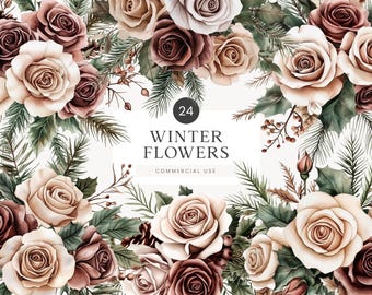 Watercolor Flowers Clipart PNG, Winter Flowers PNG, Floral Wedding Clipart, Watercolor Clipart, Winter Wedding Flowers, Winter Roses