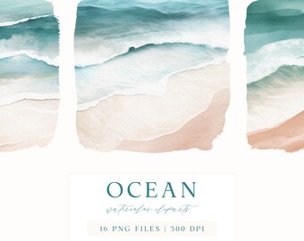 Watercolor Ocean Clipart, Summer Cliparts, Summer Landscape Clipart, Tropical Summer, Watercolor Beach, Holiday Clipart, Digital Download