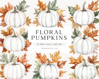 White Pumpkin Clipart, Floral Pumpkin Clipart, Autumn Pumpkin PNG, Thanksgiving Clipart, Pumpkin With Autumn Leaves, Halloween Clipart