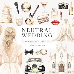 Clipart de linha do tempo de casamento, clipart de casamento neutro, gráfico de casamento minimalista, clipart de noiva, PNG de dia de casamento, ícones de casamento em aquarela