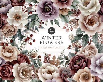 Watercolor Flowers Clipart PNG, Winter Flowers PNG, Floral Wedding Clipart, Watercolor Clipart, Winter Wedding Flowers, Winter Bouquets