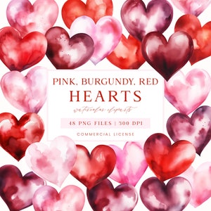 Aquarel harten clipart, Valentijnsdag illustraties, Valentijnsdag hart bundel, bordeaux harten, transparante png, liefde clipart, roze harten