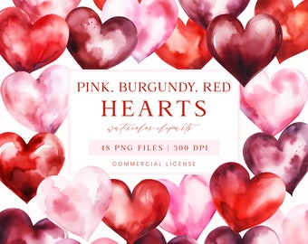 Watercolor Hearts Clipart, Valentine's Day Clip Art, Valentines Heart Bundle, Burgundy Hearts, Transparent PNG, Love Clipart, Pink Hearts