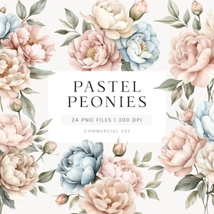 Pastelpioen clipart, pastel boeketten, aquarel lentebloemen, pastel bruiloft, bloemen babyshower clipart, blauwe pioenrozen, roze bloemen