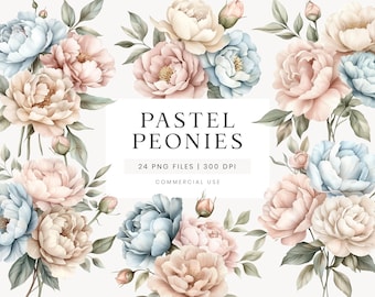 Pastel Peony Clipart, Pastel Bouquets, Spring Watercolor Flowers, Pastel Wedding, Floral Baby Shower Clipart, Blue Peonies, Pink Flowers