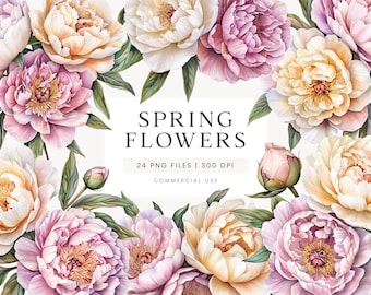 Pink Peony Clipart, Spring Watercolor Flowers, Spring Wedding Clipart, Floral Clipart, Pink Wedding Flowers, Yellow Flower, Greenery Clipart