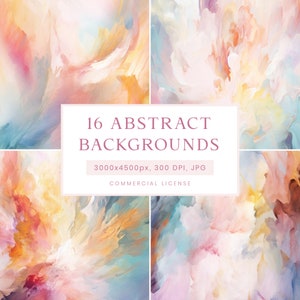 May include: 16 abstract backgrounds in a variety of pastel colours, including pink, blue, yellow, and orange. The backgrounds are 3000x4500 pixels, 300 DPI, and are available for commercial use.