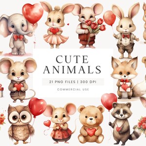Imágenes prediseñadas del día de San Valentín, imágenes prediseñadas de animales en acuarela, osito de peluche, zorro, ratón, búho, paquete de imágenes prediseñadas de San Valentín, PNG transparente, imágenes prediseñadas de amor