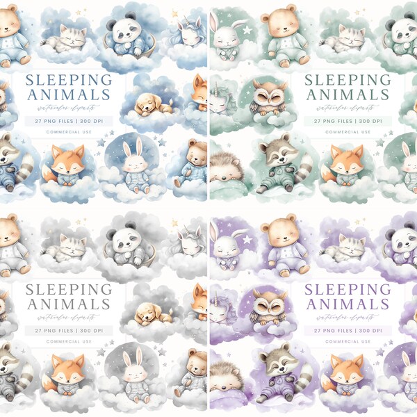 Bundle de cliparts animaux endormis, aquarelles animaux endormis, oeuvre d'art pour chambre de bébé, baby shower, anniversaire graphique, ours en peluche, clipart animal mignon