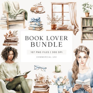 Bücherwurm Clipart Bundle, Buchliebhaber Aquarell Clipart, Aquarell Illustrationen, Bücher Clipart, Bücherwurm Bundle, Lese Clipart, PNG-Dateien