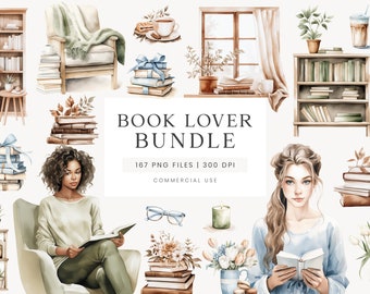 Bookworm Clipart Bundle, Book Lover Watercolor Clipart, Watercolor Illustrations, Books Clipart, Bookworm Bundle, Reading Clipart, PNG files