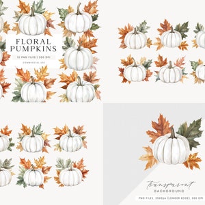 May include: Watercolor illustrations of white pumpkins surrounded by autumn leaves in shades of orange, brown, and green. The text "FLORAL PUMPKINS" is displayed above the pumpkins, with details about the file type and resolution.