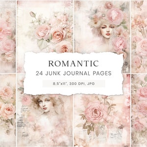 Vintage Junk Journal Seiten, Junk Journal Kit Aquarell, Rosa Romantische Journal Seiten, Scrapbook Papier, Floral Feminine Kunst, Vintage Ephemera