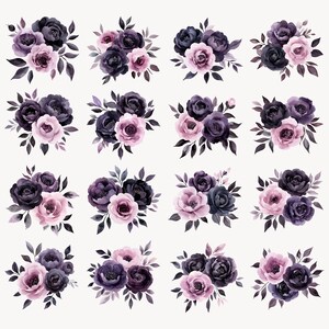 May include: A set of 16 watercolor floral bouquets featuring dark purple and pink flowers with green leaves. The bouquets are arranged in a grid pattern on a white background.