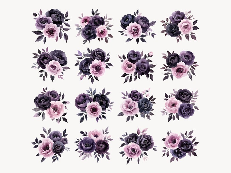 May include: A set of 16 watercolor floral bouquets featuring dark purple and pink flowers with green leaves. The bouquets are arranged in a grid pattern on a white background.