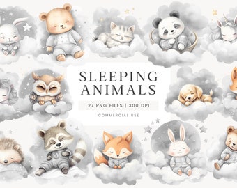 Watercolor Sleepy Animals Clipart, Sleeping Animals Nursery Art, Baby Shower Cliparts, Birthday Graphic, Fox, Elephant, Teddy Bear, Cat, Owl