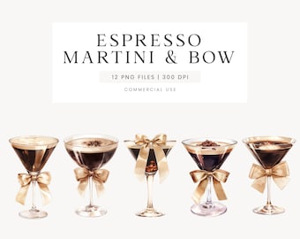May include: Four watercolor illustrations of espresso martinis with gold bows. Each martini glass is filled with a dark brown liquid and topped with a layer of white foam. The bows are tied around the stems of the glasses.