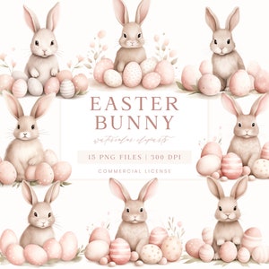 Cliparts de lapin de Pâques, des oeufs de Pâques des cliparts, des cliparts de Pâques aquarelle, des cliparts printemps, des graphiques de Pâques neutres, des graphiques de printemps rose beige