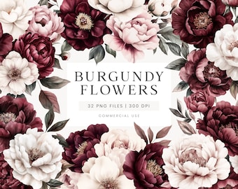 Burgundy Flowers Clipart, Autumn Watercolor Flowers, Fall Wedding Clipart, Pink Blush Floral Clipart, Autumn Wedding Flowers Autumn Bouquets