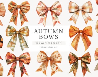 Autumn Bows Clipart, Fall Watercolor Bows, Fashion Clipart, Autumn Girly Clipart PNG, Sublimation Commercial Use PNG, Hair Ribbon Graphic