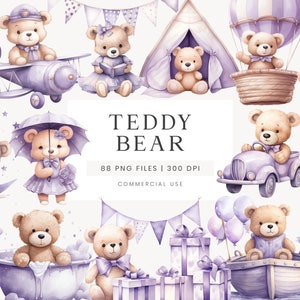 Teddy Bear Clipart, Baby Shower Clipart, Purple Clipart For Invitation, Watercolor Teddy Bear Graphic, Teddy Bear Illustration For Nursery