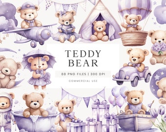 Teddy Bear Clipart, Baby Shower Clipart, Purple Clipart For Invitation, Watercolor Teddy Bear Graphic, Teddy Bear Illustration For Nursery