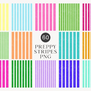 May include: A collection of 60 digital graphic patterns featuring vertical stripes in various colors including yellow, light blue, pink, green, magenta, orange, teal, purple, and mint. The center text reads 60 PREPPY STRIPES PNG.