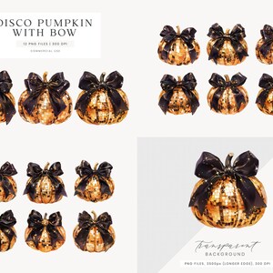 May include: Watercolor illustrations of disco pumpkins with black bows. The pumpkins have a gold sequin design. The text "DISCO PUMPKIN WITH BOW" is at the top of the image. The image is for commercial use.
