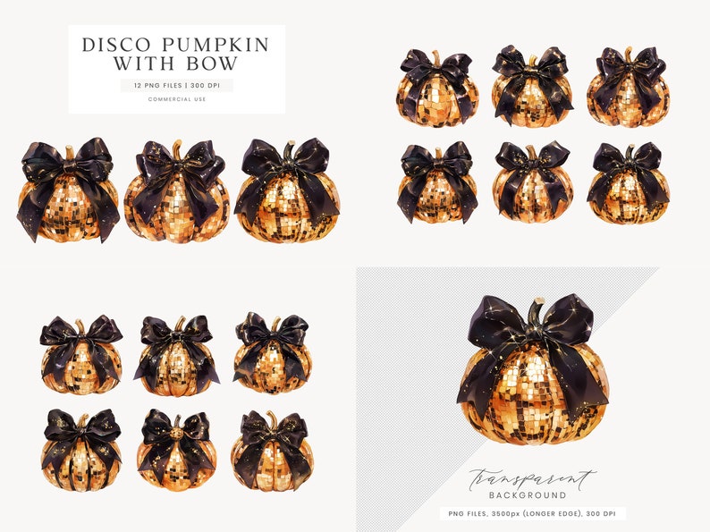 May include: Watercolor illustrations of disco pumpkins with black bows. The pumpkins have a gold sequin design. The text "DISCO PUMPKIN WITH BOW" is at the top of the image. The image is for commercial use.
